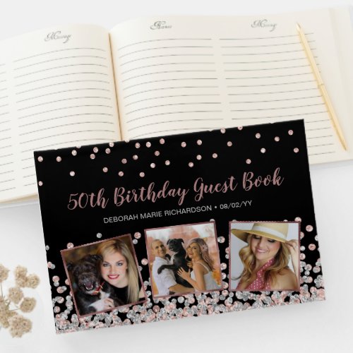 Photo Collage Rose Gold Silver 50th Birthday Guest Book