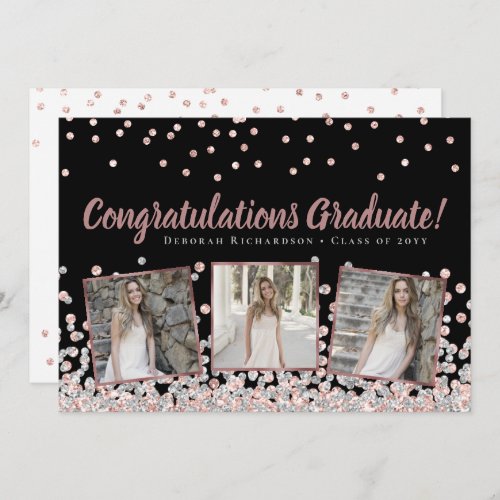 Photo Collage Rose Gold Silver Graduation Card