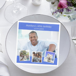 Photo collage royal blue birthday party guys napkins