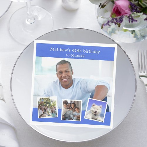 Photo collage royal blue birthday party napkins