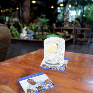 Photo collage royal blue birthday party square paper coaster