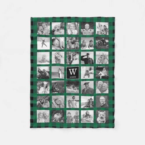 Photo Collage Rustic Green Black Buffalo Plaid Fleece Blanket