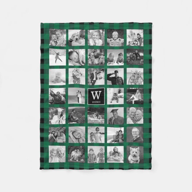 Photo Collage Rustic Green Black Buffalo Plaid Fleece Blanket (Front)
