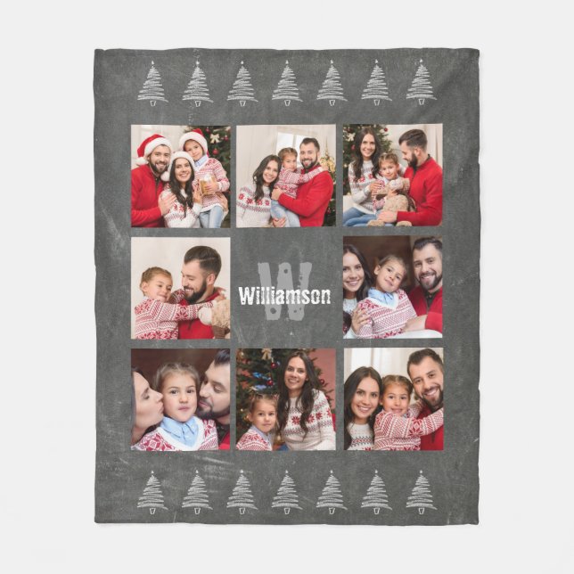 Photo Collage Rustic Monogram Chalkboard Christmas Fleece Blanket (Front)