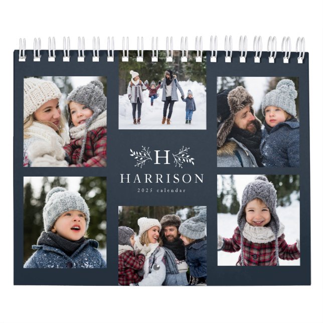 Photo collage rustic navy blue monogram family calendar (Cover)