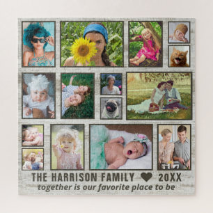 Photo Collage Rustic Wood Custom Family Pic Square Jigsaw Puzzle