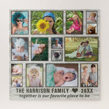 Photo Collage Rustic Wood Custom Family Pic Square Jigsaw Puzzle by PictureCollage at Zazzle