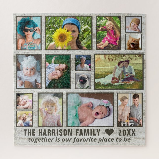 Photo Collage Rustic Wood Custom Family Pic Square Jigsaw Puzzle (Vertical)
