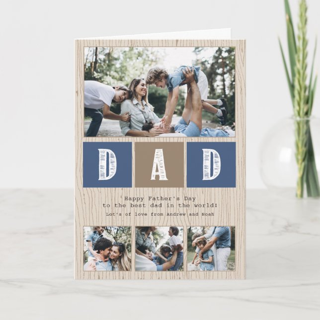 Photo Collage Rustic Wood Pattern Father's Day Card (Front)