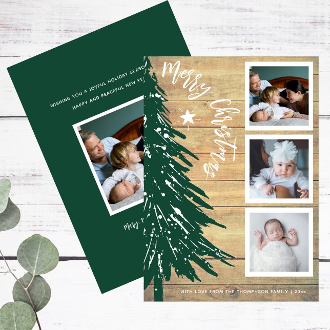 Photo Collage Rustic Wood Pine Tree Christmas Holiday Card (Creator Uploaded)