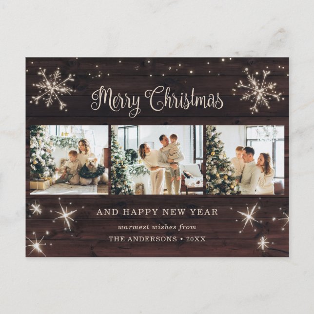Photo Collage Rustic Wood Snowflake Holiday Postcard (Front)
