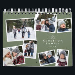 Photo collage sage green family scrapbook calendar<br><div class="desc">With a variety of photo shapes, sizes and layouts, this photo calendar makes a perfect family gift. The cover features a collage of 7 photos scattered scrapbook style on a sage green background. The photos surround type that can be customized with your family name. Makes a great grandparent or parent...</div>