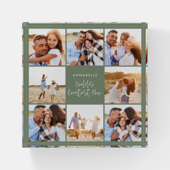 Photo collage sage green girly modern mothers day paperweight (Front)
