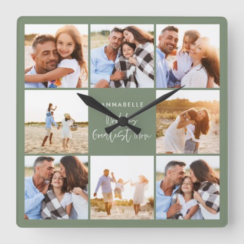Photo collage sage green girly modern mothers day square wall clock