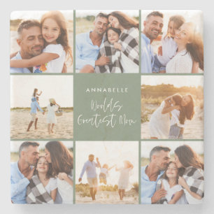 Photo collage sage green girly modern mothers day stone coaster