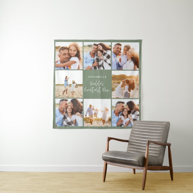 Photo collage sage green girly modern mothers day  tapestry (In Situ)