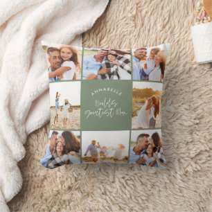 Photo collage sage green girly modern mothers day throw pillow