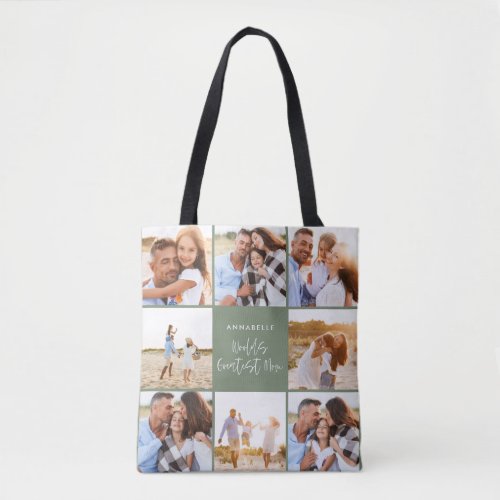 Photo collage sage green girly modern mothers day tote bag