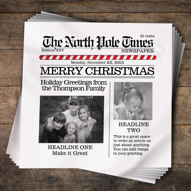 Photo Collage Santa Newspaper Christmas Funny Napkins (Merry Christmas cute whimsical newspaper cocktail napkins. )
