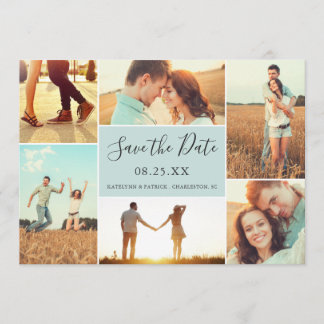 Photo Collage Save the Date Flat Card | Light Aqua