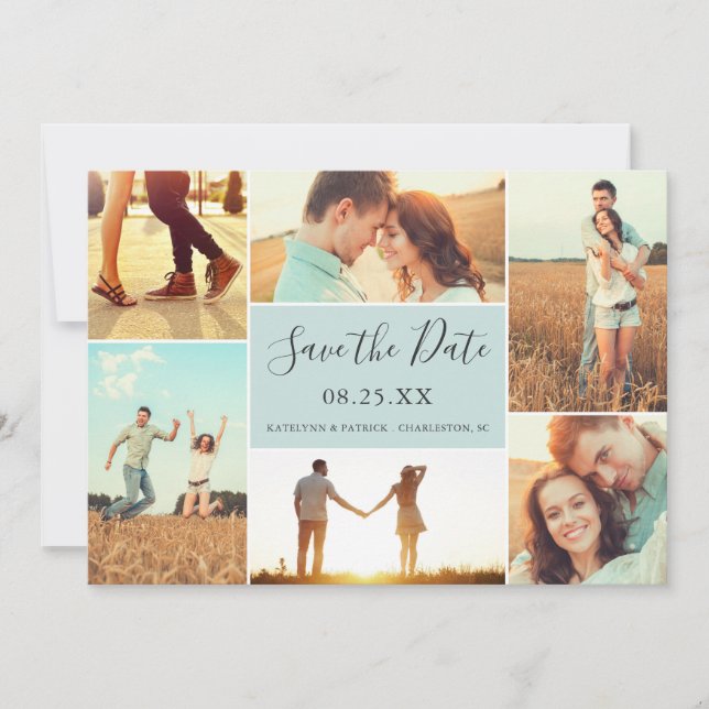 Photo Collage Save the Date Flat Card | Light Aqua (Front)