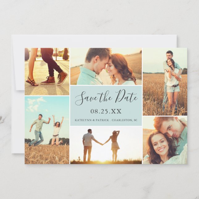 Photo Collage Save the Date Flat Card | Light Aqua (Front)