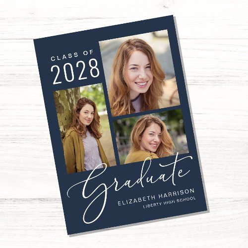 Photo Collage Script Blue Graduation Announcement