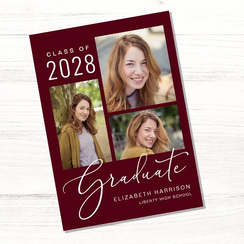 Photo Collage Script Burgundy Graduation Announcement