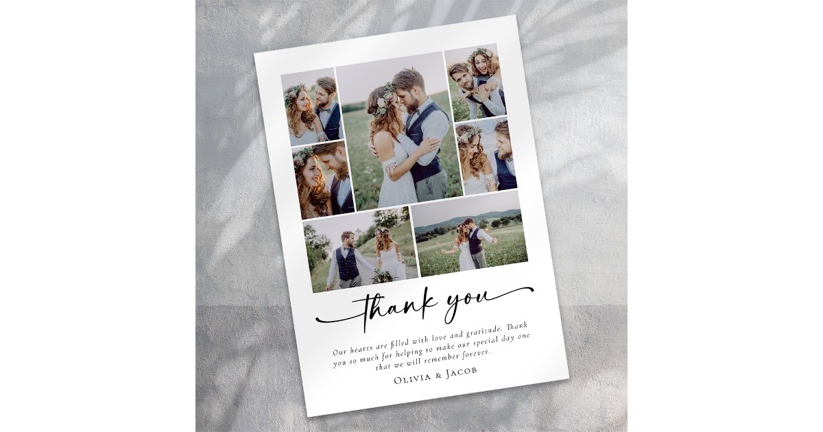 Photo Collage Script Wedding Thank You Card | Zazzle