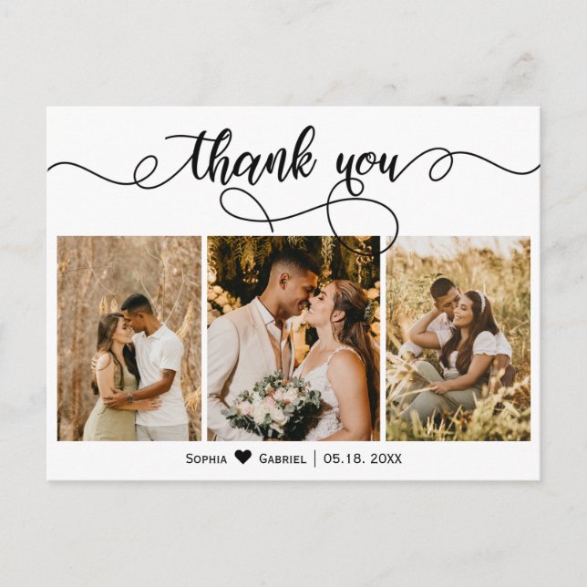 Photo Collage Script Wedding Thank You Postcard (Front)