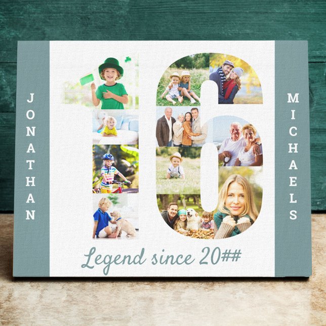 Photo Collage set in Number 16 Teal White Custom Canvas Print (Creator Uploaded)