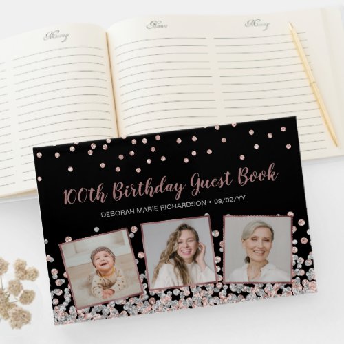 Photo Collage Silver Rose Gold 100th Birthday Guest Book