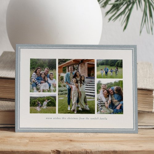 Photo collage simple blue frame family Christmas Holiday Card