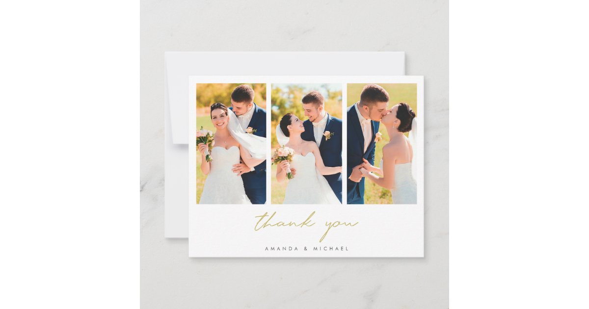 Photo Collage Simple Elegant Modern Gold Wedding Thank You Card | Zazzle