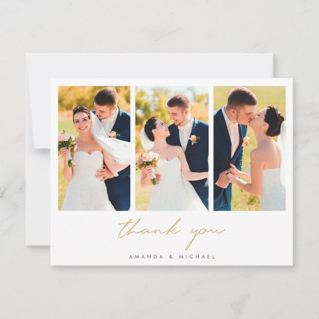 Photo Collage Simple Elegant Modern Gold Wedding Thank You Card (Front)