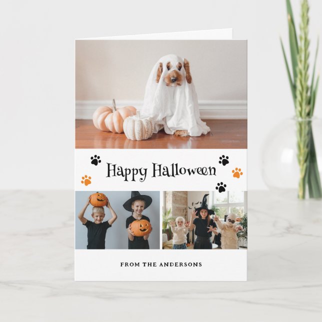 Photo Collage Skeleton Ghost Pet Halloween Card (Front)