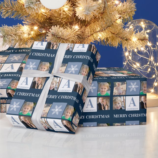 Photo Collage Snowflake Blue Monogram Christmas Wrapping Paper (Holidays)