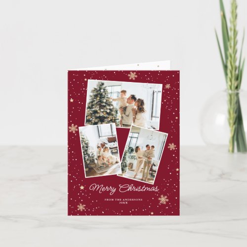 Photo Collage Snowflakes Red Merry Christmas Card
