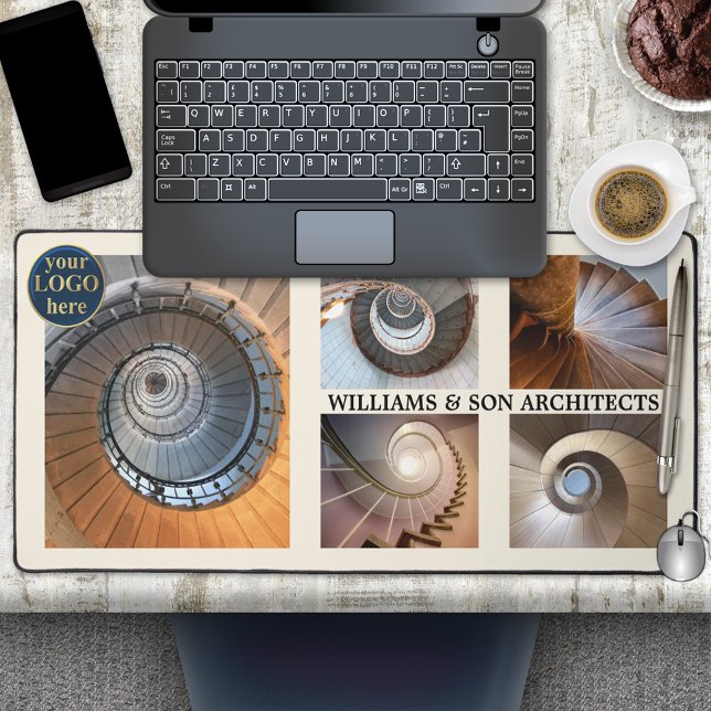 Photo Collage Spiral Staircase Architect Desk Mat (Desk mat featuring a template for 5 of your own photos or images of spiral staircase architecture)