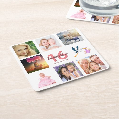 Photo collage Sweet 16 Square Paper Coaster