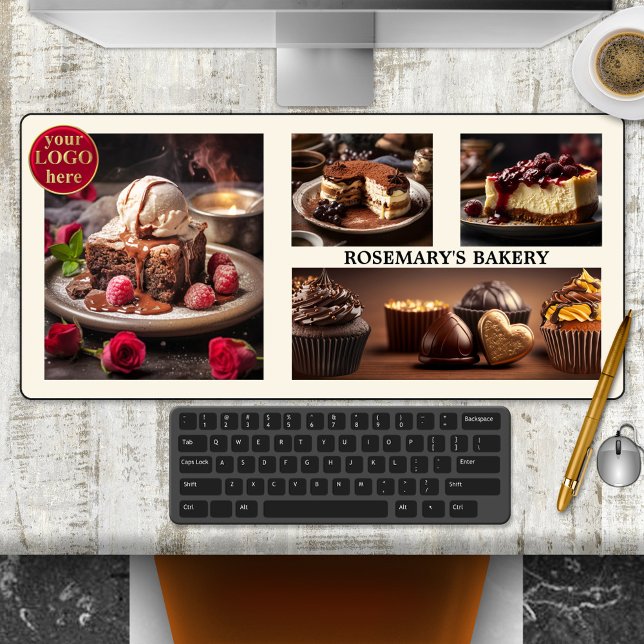 Photo Collage Sweet Bakery Chocolate Cake Desk Mat (Modern desk mat for a business with a logo template and 4 custom photos. Example shows sweet bakery.)