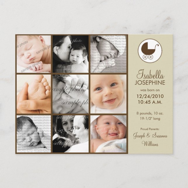 Photo Collage Taupe Baby Birth Announcement (Front)