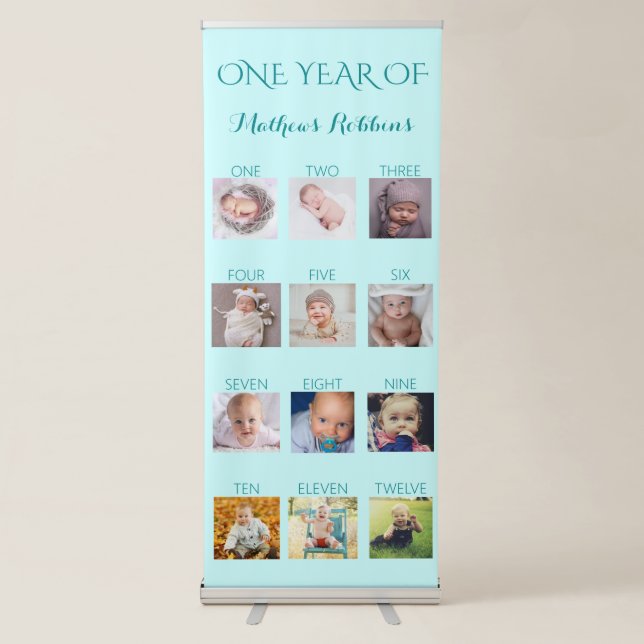 Photo Collage Teal First Birthday Milestone   Retractable Banner (Front)
