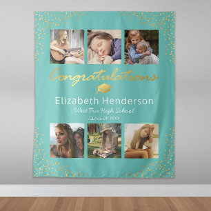 Photo Collage Teal Gold Graduation Backdrop
