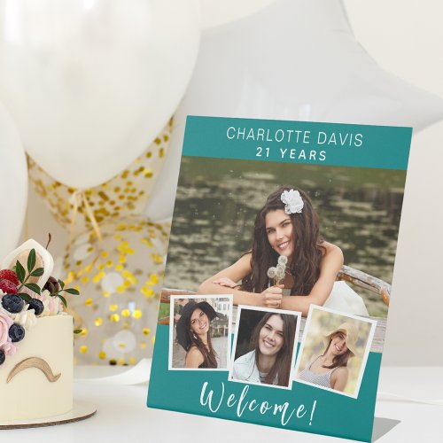 Photo collage teal green birthday party welcome pedestal sign