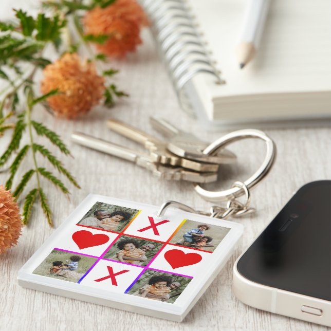 Photo Collage Tic Tac Toe Hugs Kisses Fathers Day Keychain (Front Right)