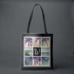 Photo collage tote bag with custom name monogram<br><div class="desc">Custom photo collage tote bag with exclusive name monogram. Elegant accessory design with classy border and name initial letter in the middle centre. Customizable background color ie black. Template example features tropical plam tree leaves and exotic coastal scenes. Upload multiple pictures and personalize the text to create a unique gift...</div>