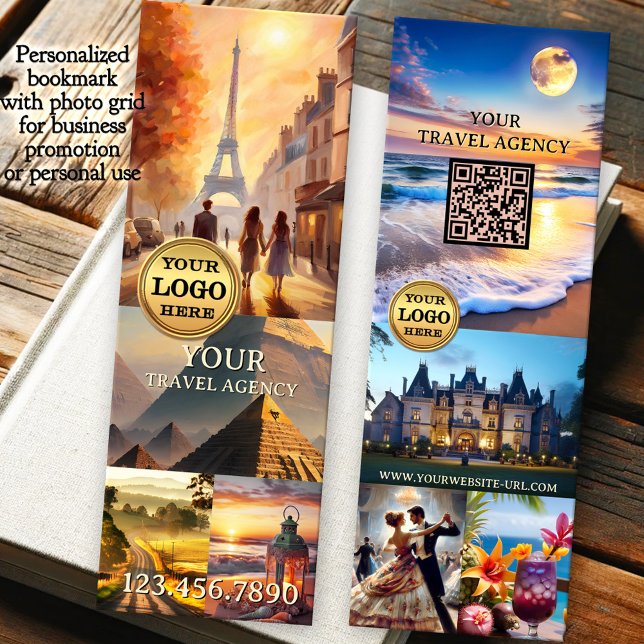 Photo Collage Travel Agency Business Bookmarks (Unique bookmark featuring 8 custom photos with logo and QR code templates. Great for a travel agency)