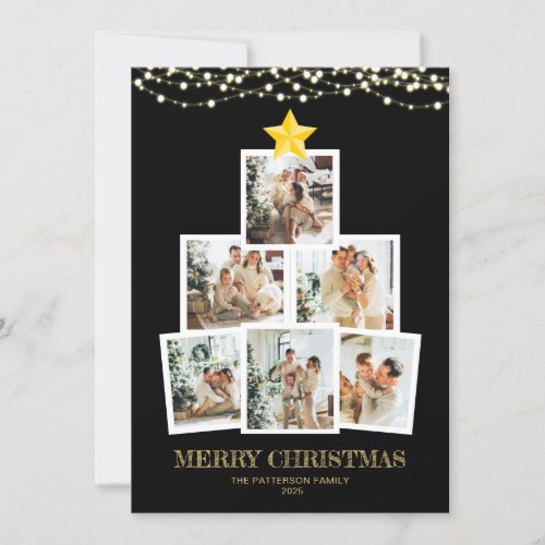 Photo Collage Tree Black String lights Christmas Holiday Card