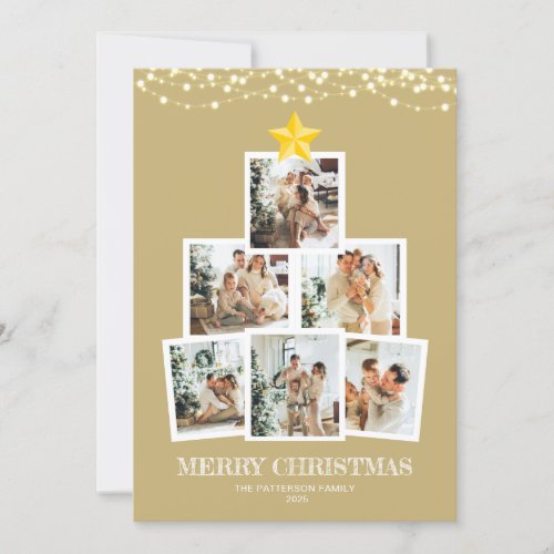 Photo Collage Tree Gold String lights Christmas Holiday Card